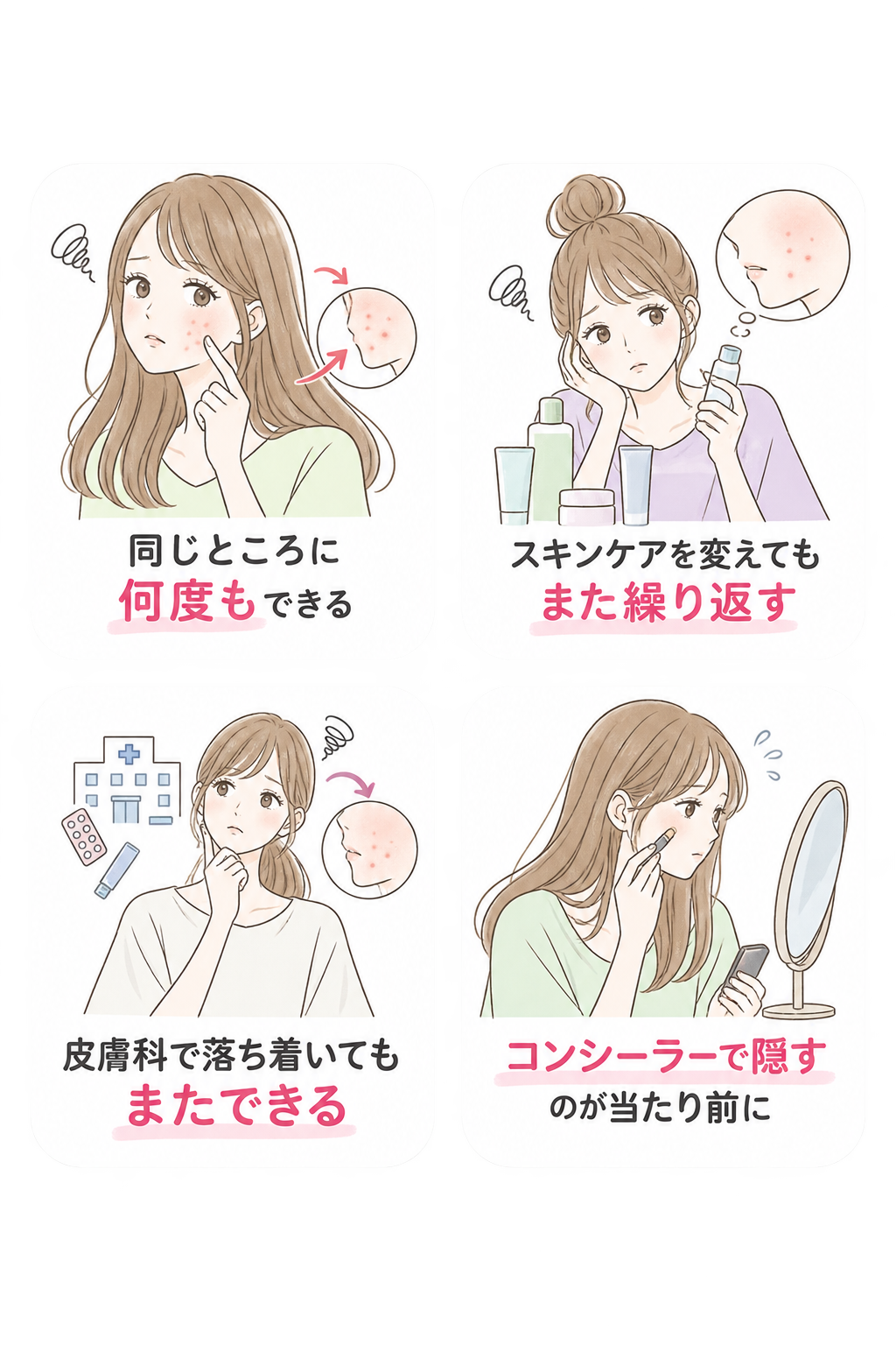 繰り返すニキビにまつわる4つの悩み（同じところに何度もできる／スキンケアを変えてもまた繰り返す／皮膚科で落ち着いてもまたできる／コンシーラーで隠すのが当たり前に）